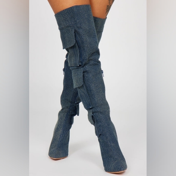 True denim  "Cascading Denim" Elegant Denim Over the Knee Boots (NEW) - Picture 2 of 4